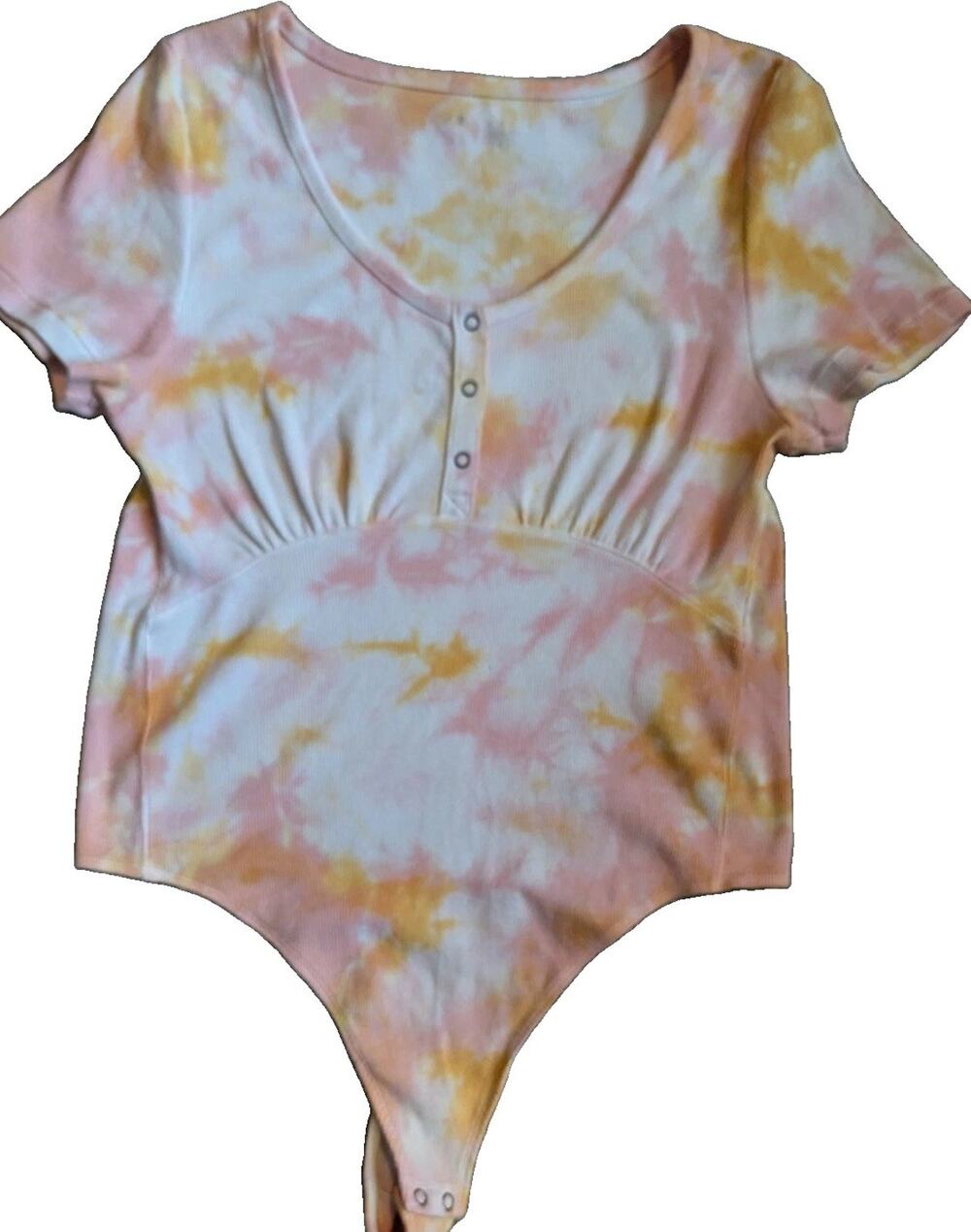 Aerie Pink Orange Tie Dye Ribbed Henley Bodysuit Short Sleeve XL Boho Top